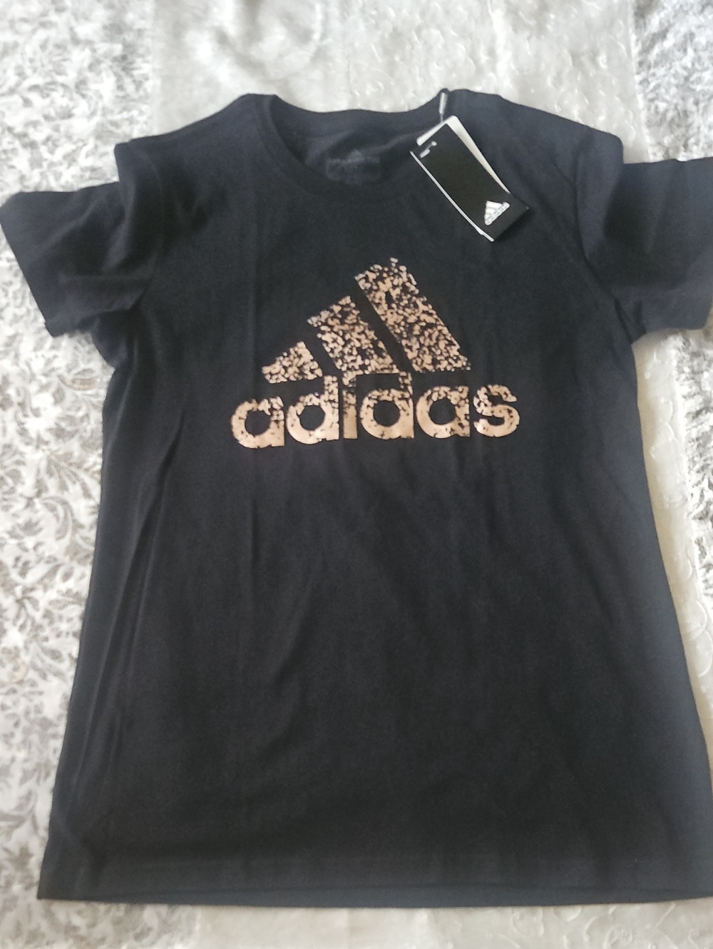 adidas Black Short Sleeve Tee with Metallic Gold Logo - Medium